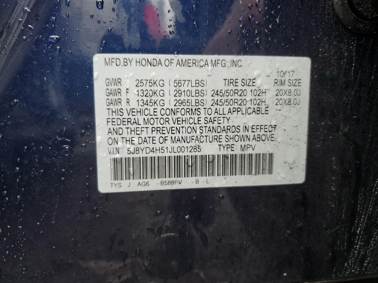 2018 Acura MDX VIN 5J8YD4H51JL001285 Copart auction photo, front end / minor dent/scratches damage thumbnail 13