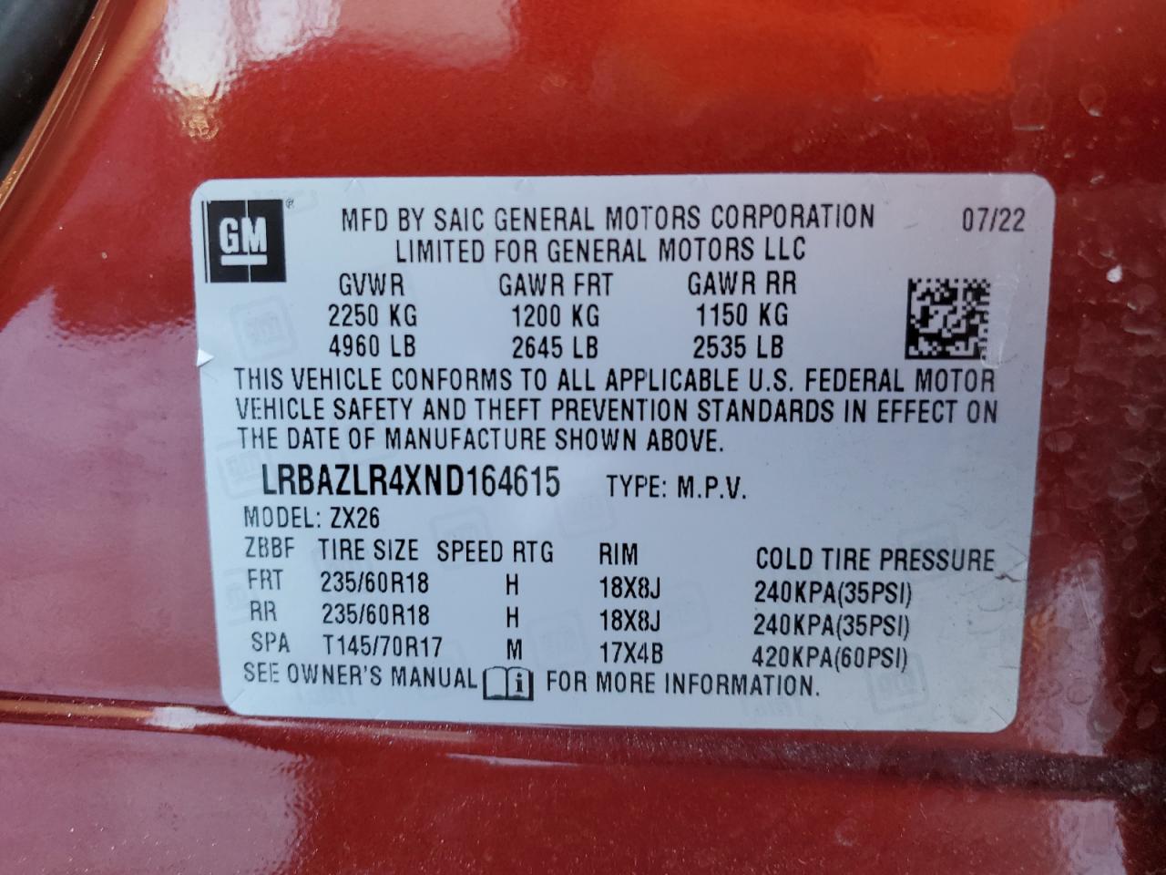 2022 Buick Envision VIN LRBAZLR4XND164615 Copart auction photo, front end damage thumbnail 15