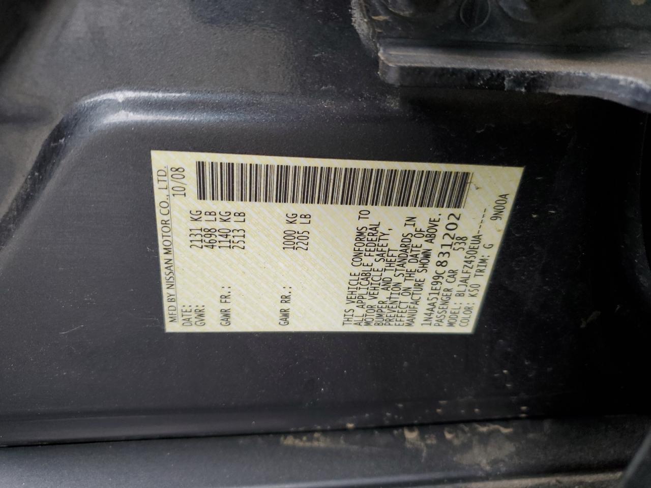 2009 Nissan Maxima VIN 1N4AA51E99C831202 Copart auction photo, rear end / front end damage thumbnail 14