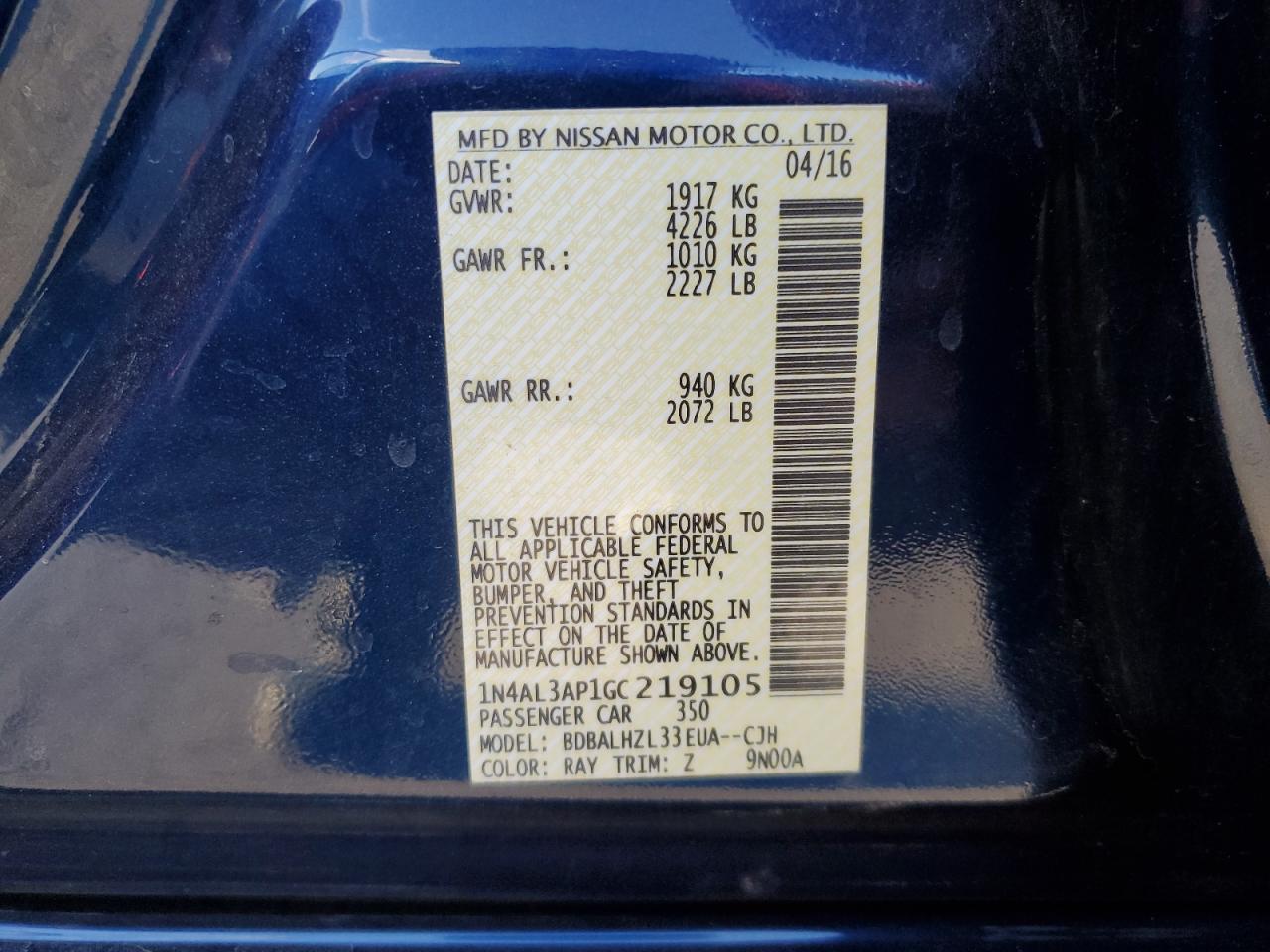 2016 Nissan Altima VIN 1N4AL3AP1GC219105 Copart auction photo, front end damage thumbnail 14