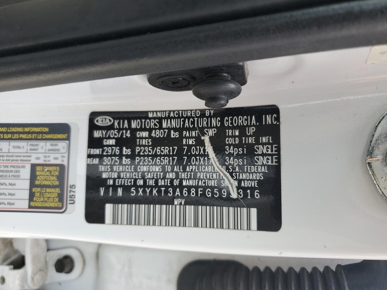 2015 KIA Sorento VIN 5XYKT3A68FG595316 Copart auction photo, front end damage thumbnail 13