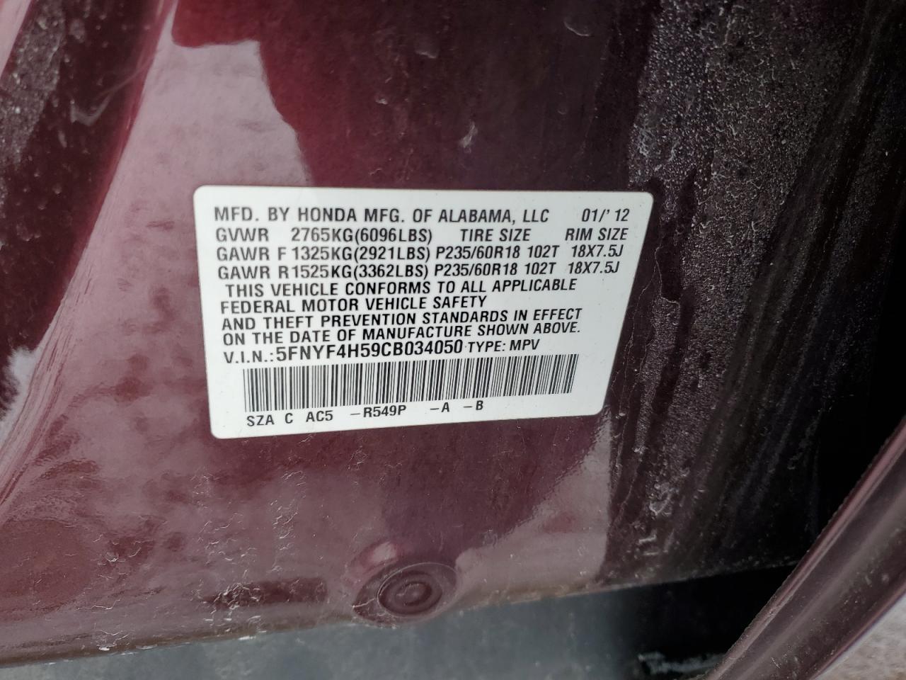 2012 Honda Pilot VIN 5FNYF4H59CB034050 Copart auction photo, front end / rear end damage thumbnail 13