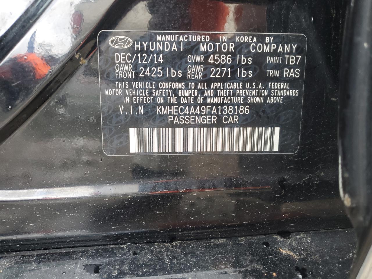 2015 Hyundai Sonata VIN KMHEC4A49FA138186 Copart auction photo, minor dent/scratches damage thumbnail 12