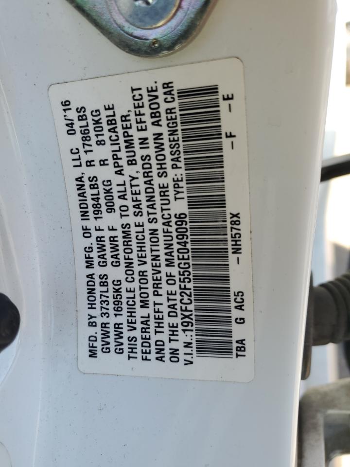 2016 Honda Civic VIN 19XFC2F55GE049096 Copart auction photo, rear end damage thumbnail 12
