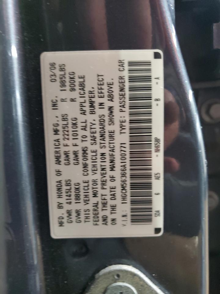 2006 Honda Accord VIN 1HGCM56366A100771 Copart auction photo, front end / side damage thumbnail 12