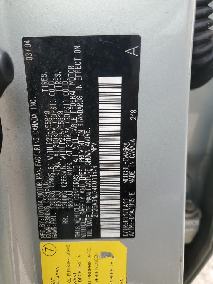 2004 Lexus RX VIN 2T2GA31U24C011474 Copart auction photo, front end damage thumbnail 12