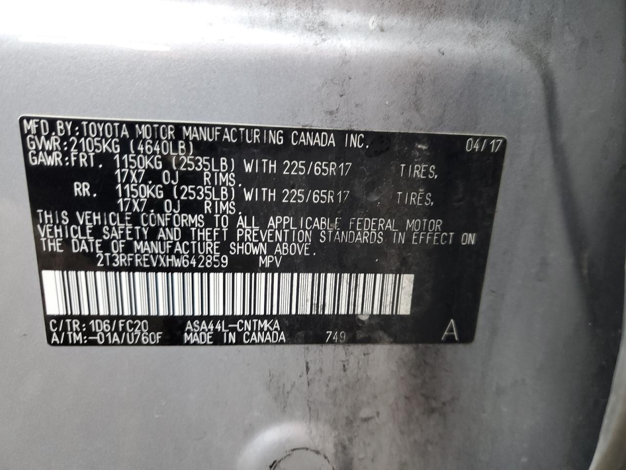 2017 Toyota RAV 4 VIN 2T3RFREVXHW642859 Copart auction photo, side / front end damage thumbnail 12