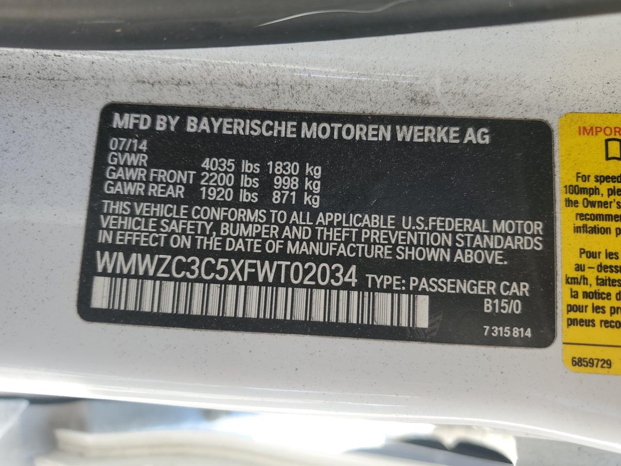 2015 MINI Cooper VIN WMWZC3C5XFWT02034 Copart auction photo, front end damage thumbnail 12