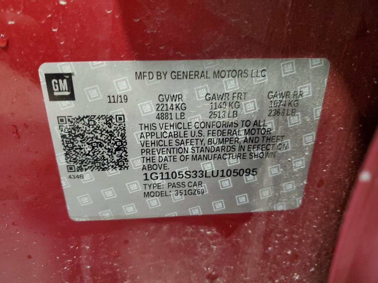 2020 Chevrolet Impala VIN 1G1105S33LU105095 Copart auction photo, front end / side damage thumbnail 13