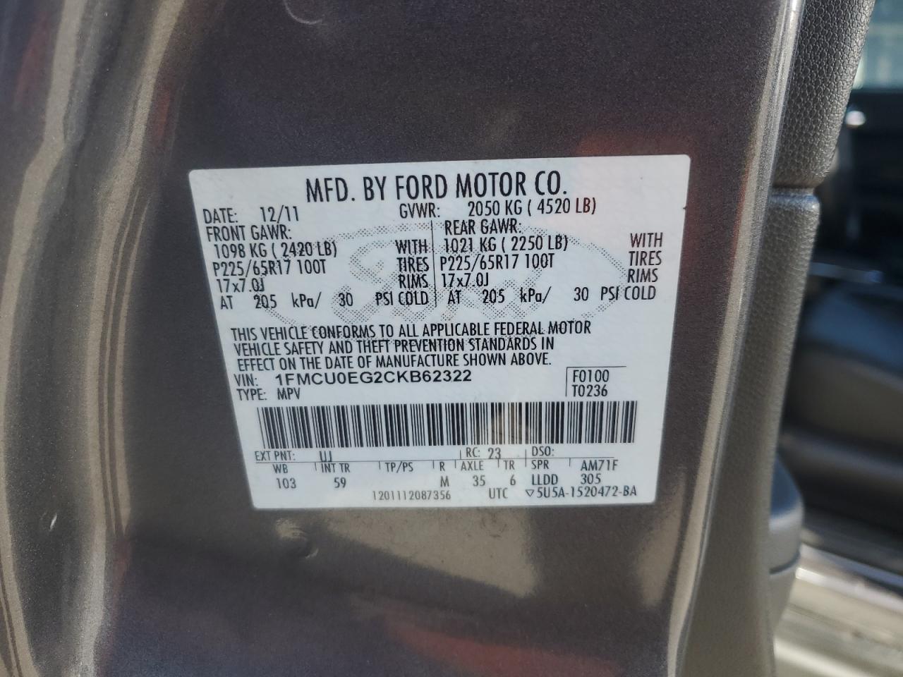 2012 Ford Escape VIN 1FMCU0EG2CKB62322 Copart auction photo, front end damage thumbnail 15