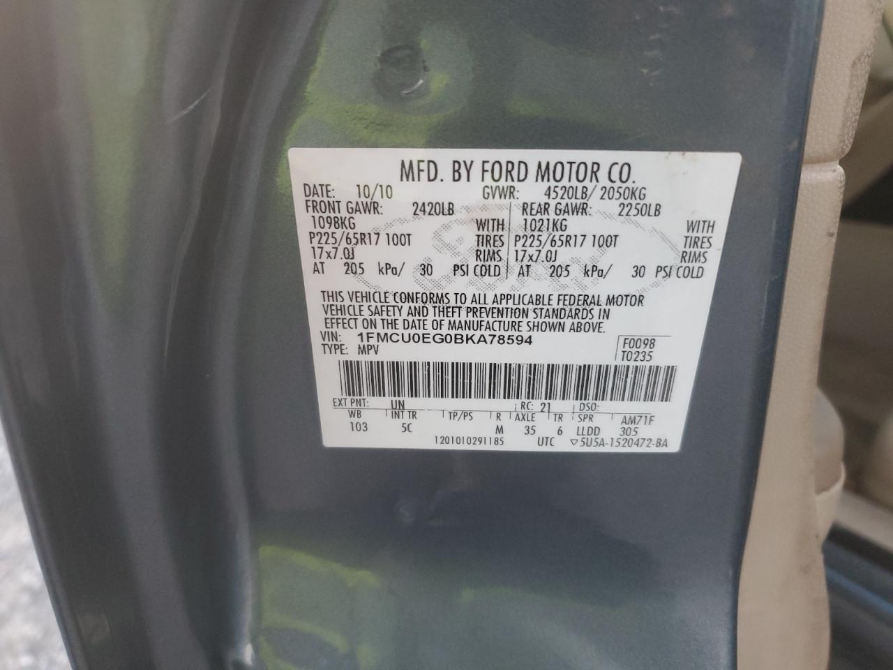 2011 Ford Escape VIN 1FMCU0EG0BKA78594 Copart auction photo, front end damage thumbnail 13