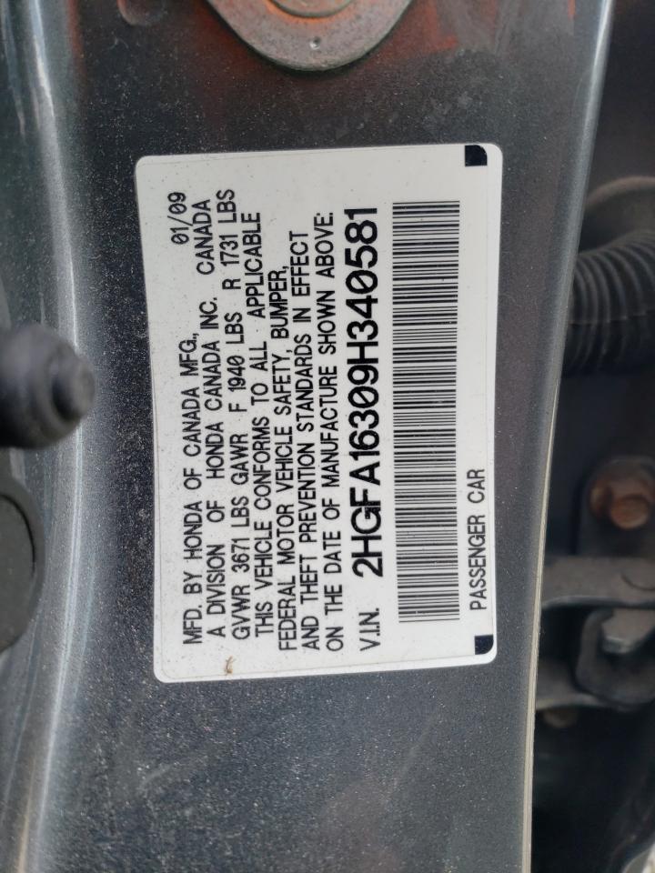 2009 Honda Civic VIN 2HGFA16309H340581 Copart auction photo, rear end / minor dent/scratches damage thumbnail 12