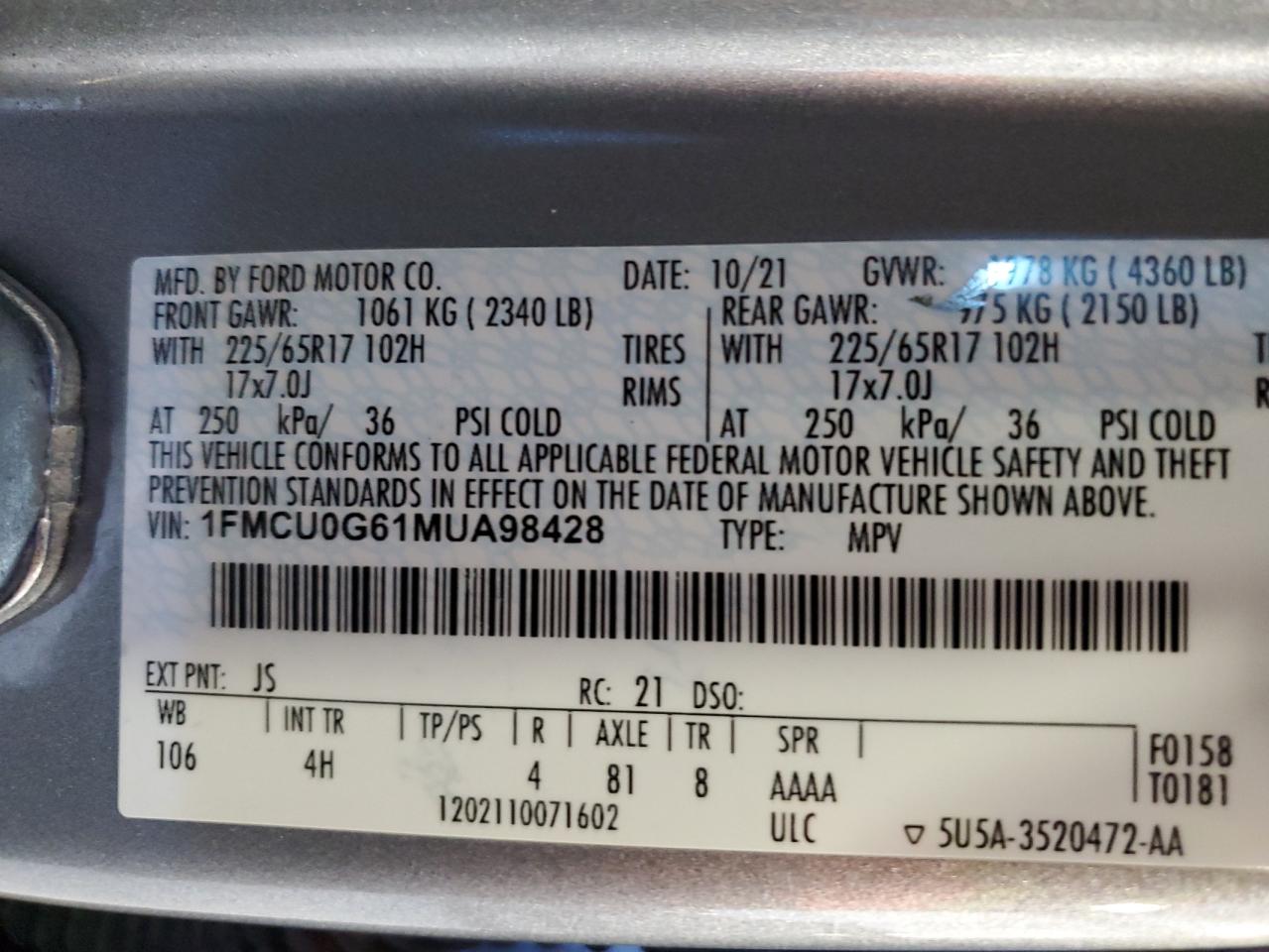 2021 Ford Escape VIN 1FMCU0G61MUA98428 Copart auction photo, front end damage thumbnail 13