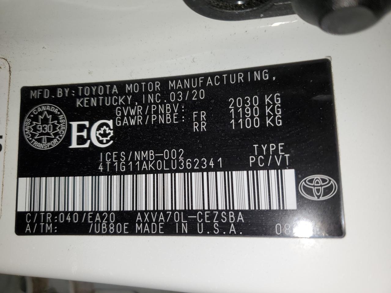 2020 Toyota Camry VIN 4T1G11AK0LU362341 Copart auction photo, hail / minor dent/scratches damage thumbnail 12