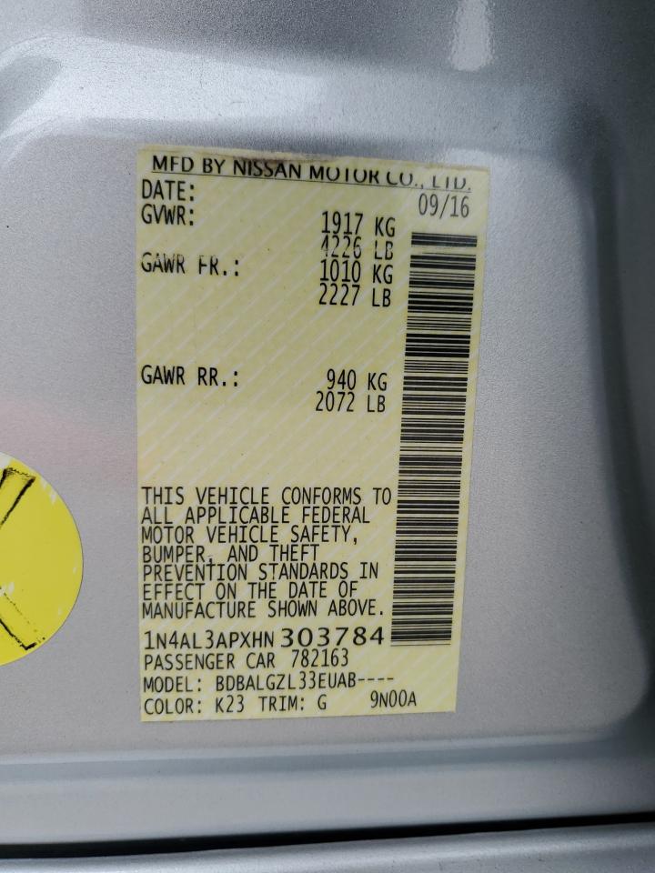 2017 Nissan Altima VIN 1N4AL3APXHN303784 Copart auction photo, side damage thumbnail 15
