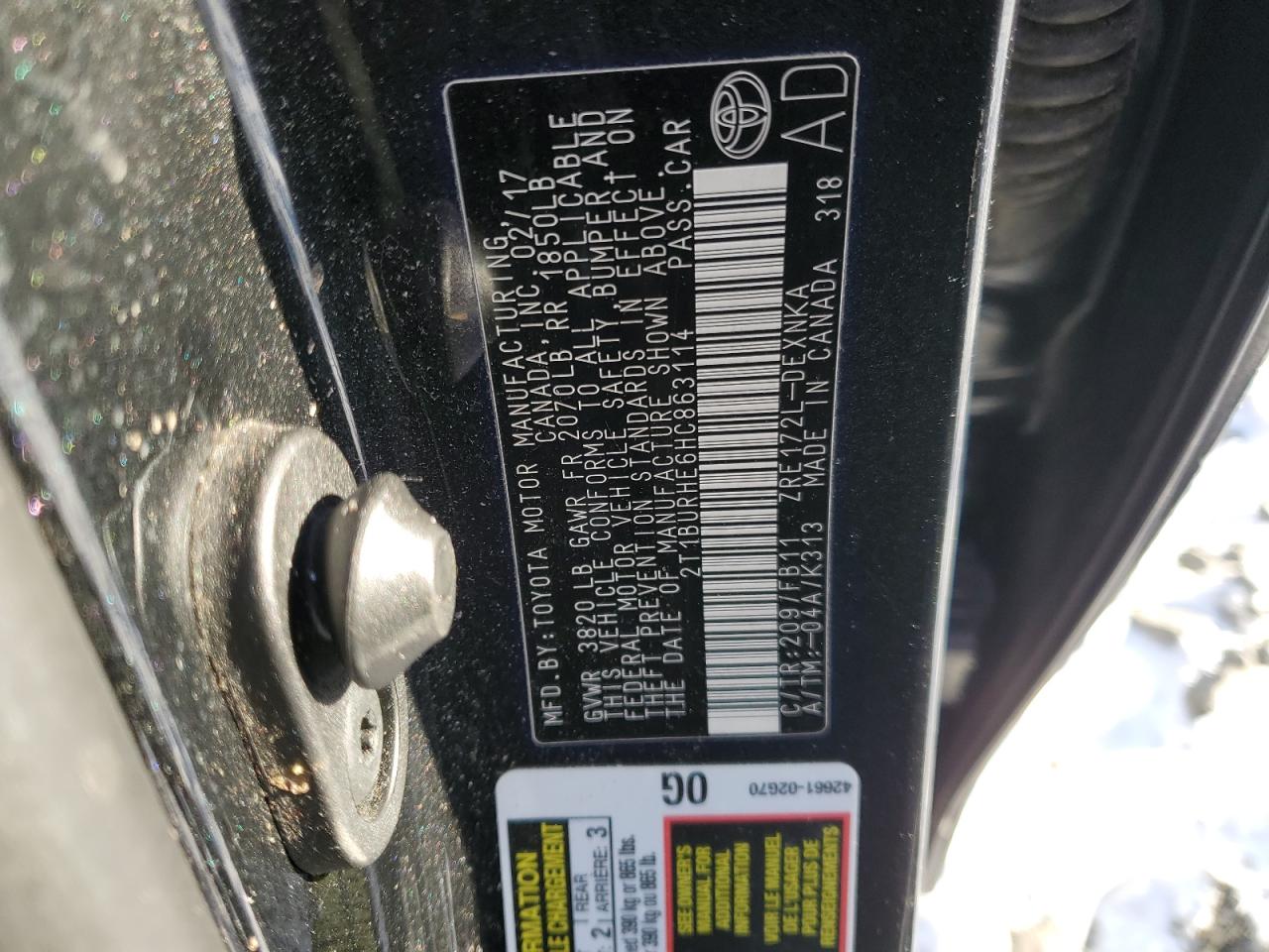 2017 Toyota Corolla VIN 2T1BURHE6HC863114 Copart auction photo, all over damage thumbnail 13