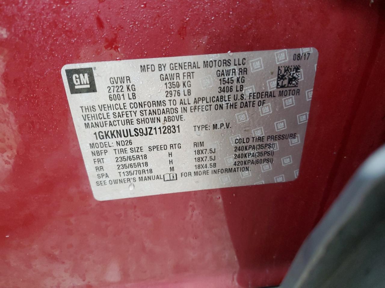 2018 GMC Acadia VIN 1GKKNULS9JZ112831 Copart auction photo, front end damage thumbnail 13