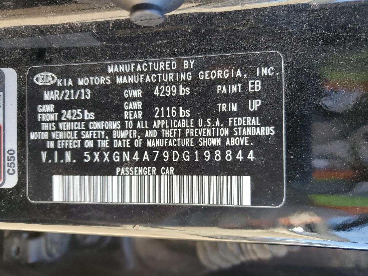 2013 KIA Optima VIN 5XXGN4A79DG198844 Copart auction photo, front end / rear end damage thumbnail 12