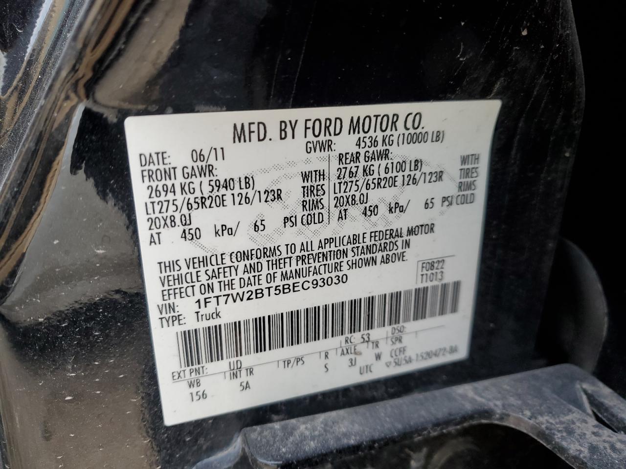 2011 Ford F250 VIN 1FT7W2BT5BEC93030 Copart auction photo, side damage thumbnail 12