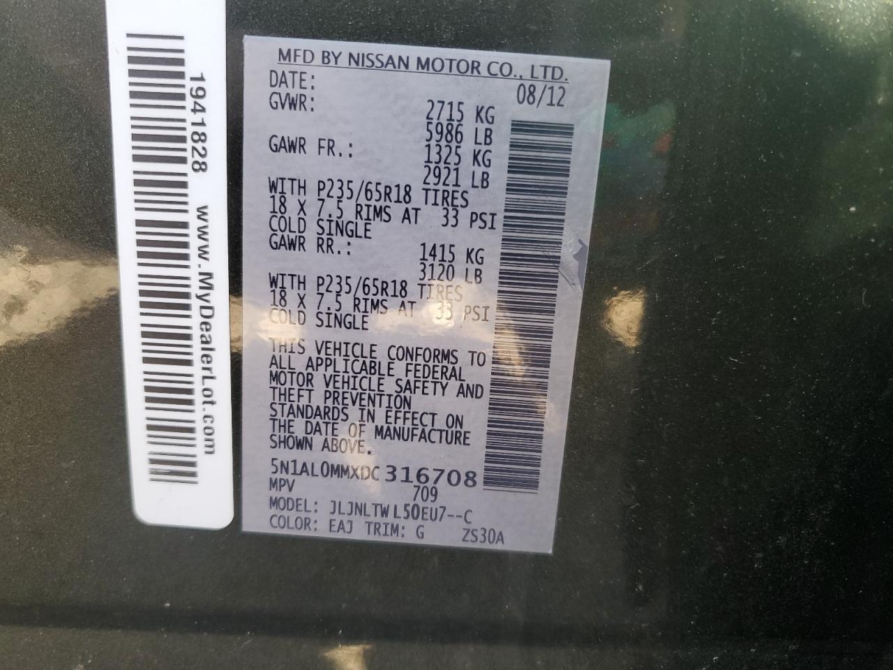 2013 Infiniti JX VIN 5N1AL0MMXDC316708 Copart auction photo, rear end / front end damage thumbnail 13