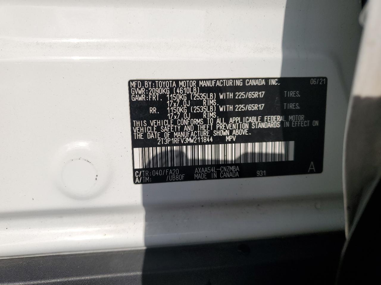 2021 Toyota RAV 4 VIN 2T3P1RFV3MW211844 Copart auction photo, side / undercarriage damage thumbnail 15