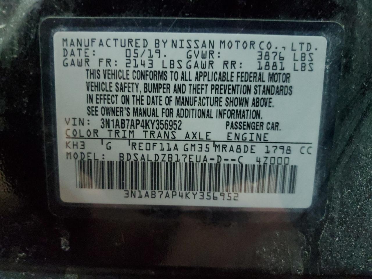 2019 Nissan Sentra VIN 3N1AB7AP4KY356952 Copart auction photo, front end / undercarriage damage thumbnail 12