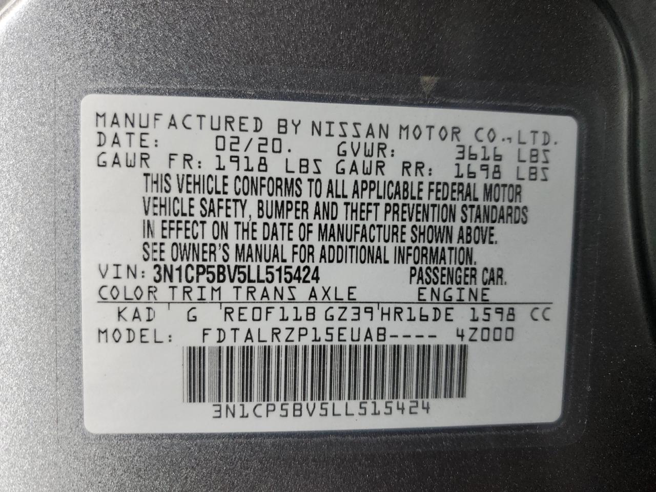 2020 Nissan Kicks VIN 3N1CP5BV5LL515424 Copart auction photo, mechanical damage thumbnail 13
