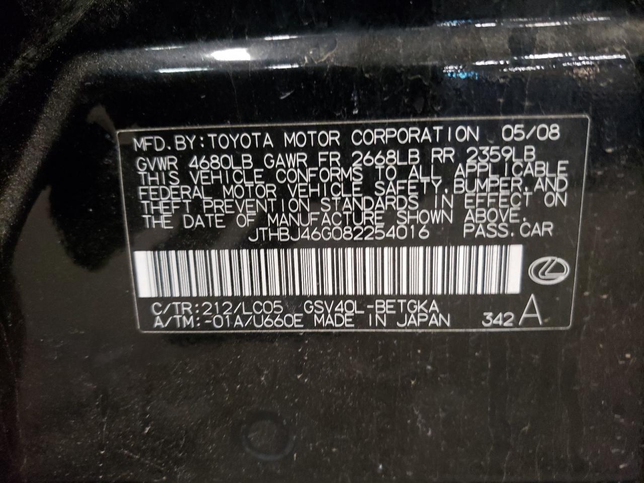 2008 Lexus ES VIN JTHBJ46G082254016 Copart auction photo, undercarriage damage thumbnail 13