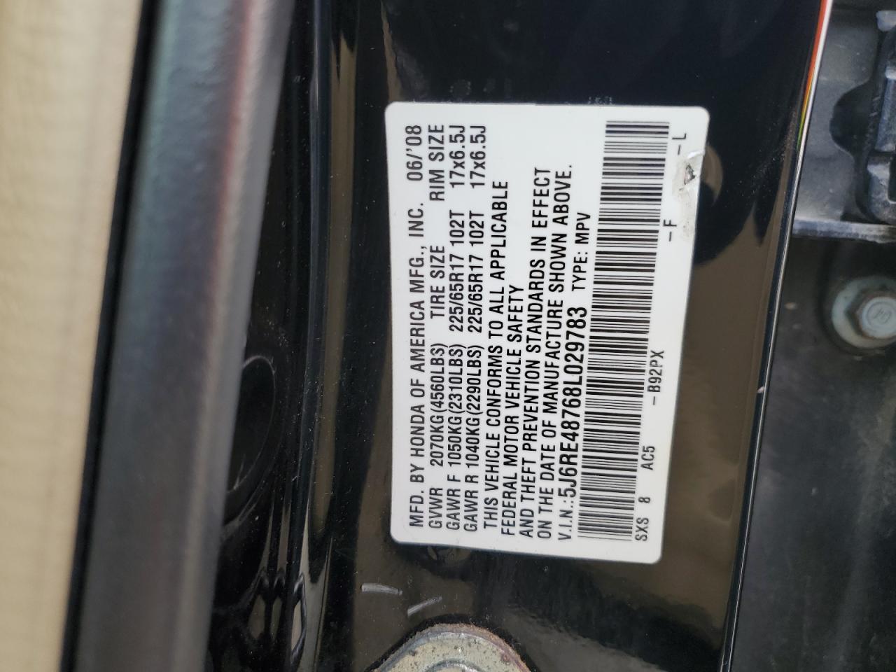 2008 Honda CR-V VIN 5J6RE48768L029783 Copart auction photo, vandalism damage thumbnail 12