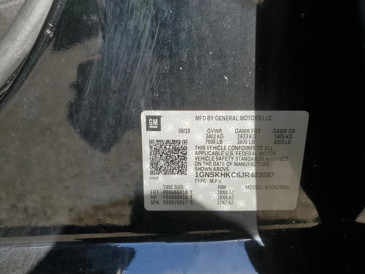 2018 Chevrolet Suburban VIN 1GNSKHKC6JR403087 Copart auction photo, unknown / minor dent/scratches damage thumbnail 13