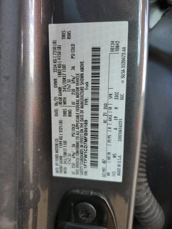 2021 Ford F-150 VIN 1FTFW1CD7MFB99189 Copart auction photo, front end damage thumbnail 12