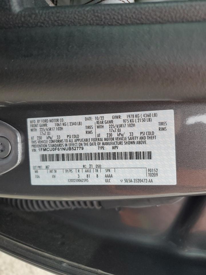 2022 Ford Escape VIN 1FMCU0F61NUB52779 Copart auction photo, front end damage thumbnail 13