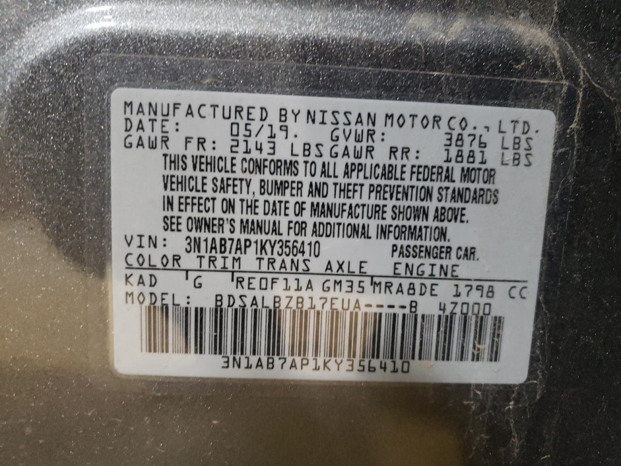 2019 Nissan Sentra VIN 3N1AB7AP1KY356410 Copart auction photo, front end / side damage thumbnail 14