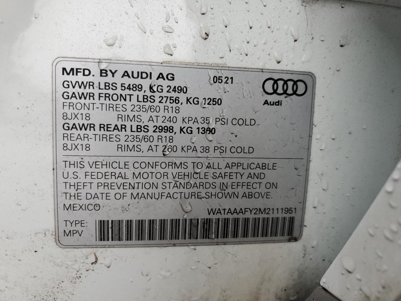 2021 Audi Q5 VIN WA1AAAFY2M2111951 Copart auction photo, front end / minor dent/scratches damage thumbnail 13