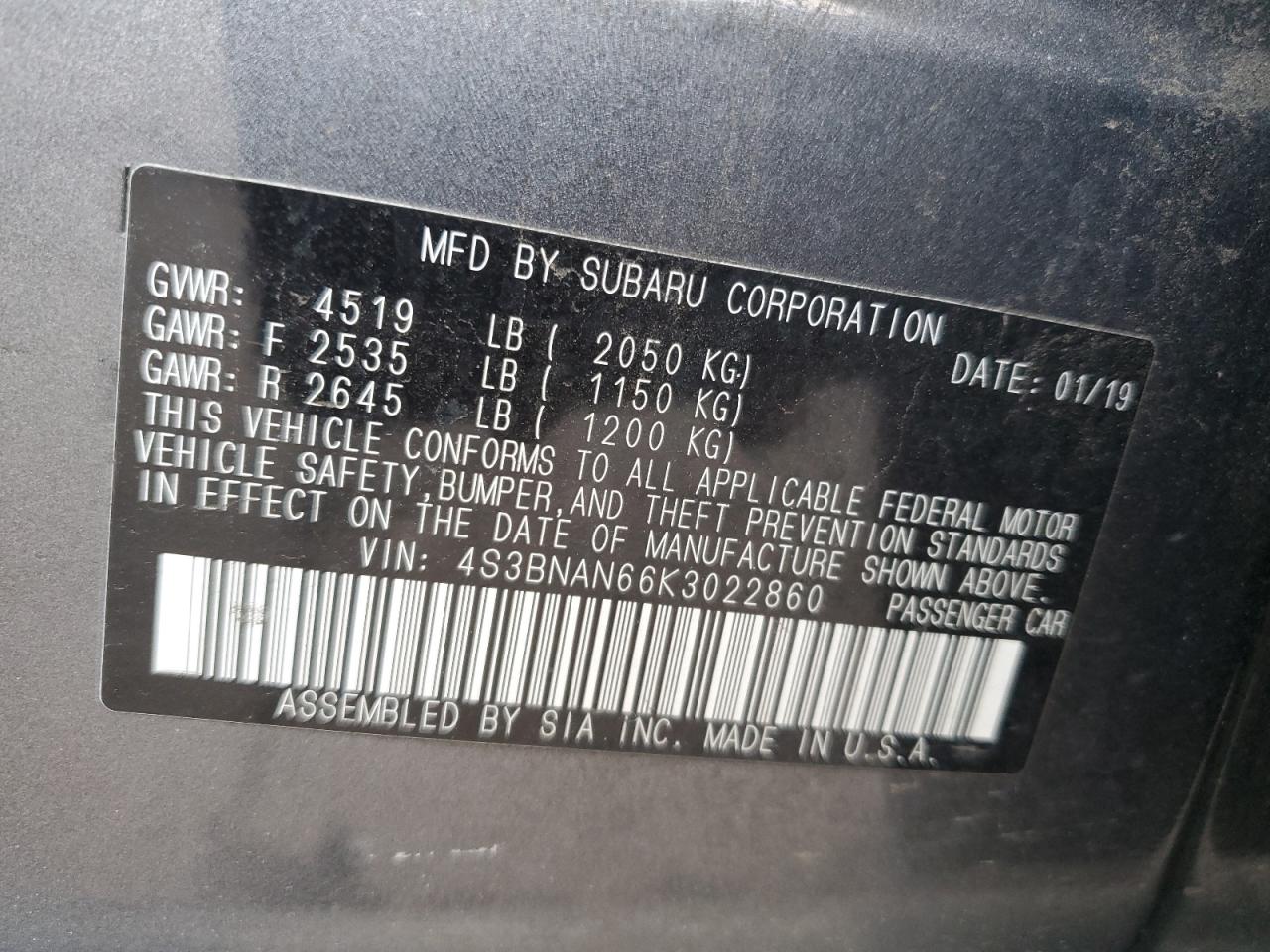 2019 Subaru Legacy VIN 4S3BNAN66K3022860 Copart auction photo, front end / minor dent/scratches damage thumbnail 12