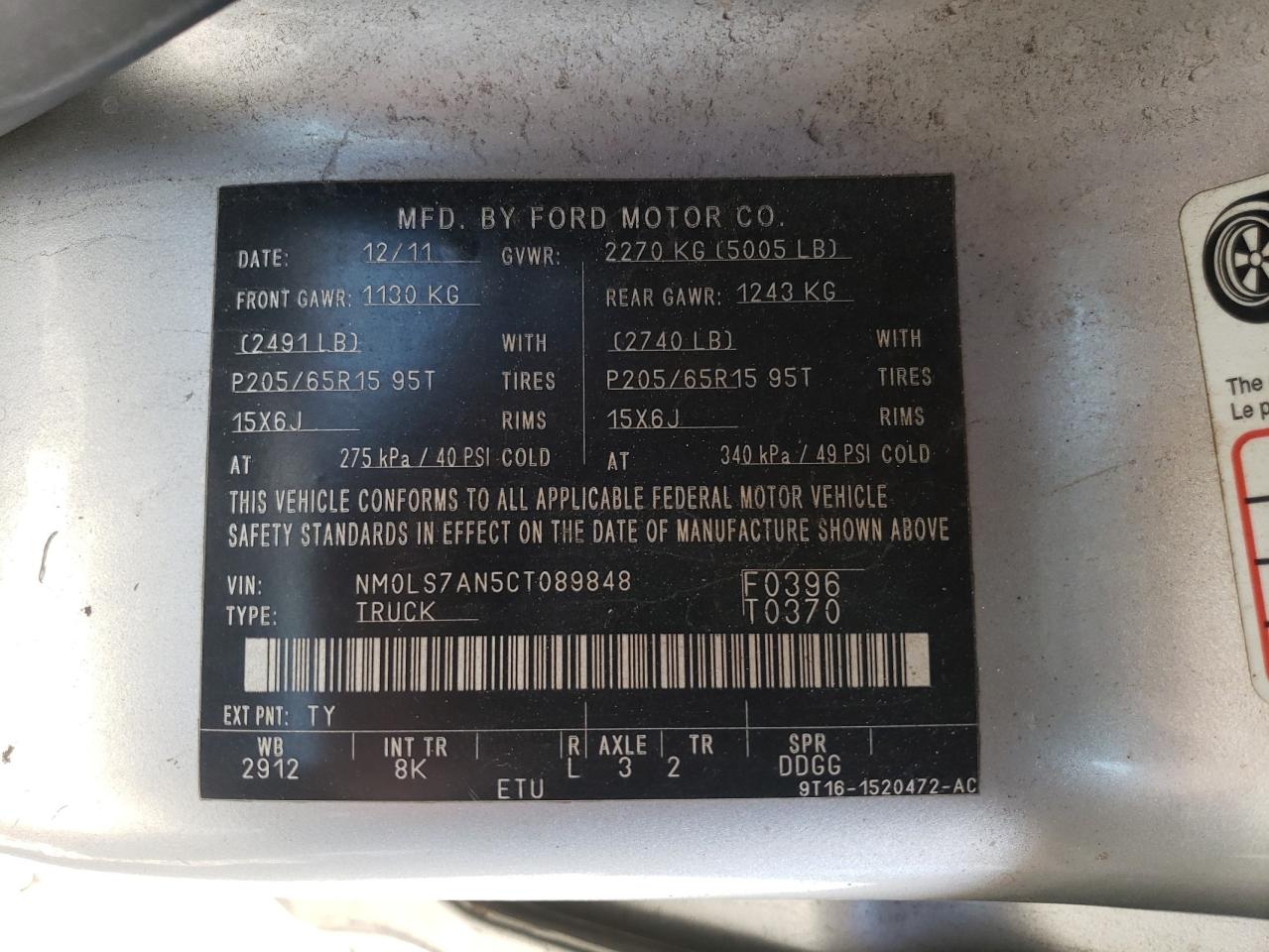 2012 Ford Transit VIN NM0LS7AN5CT089848 Copart auction photo, rear end / front end damage thumbnail 13
