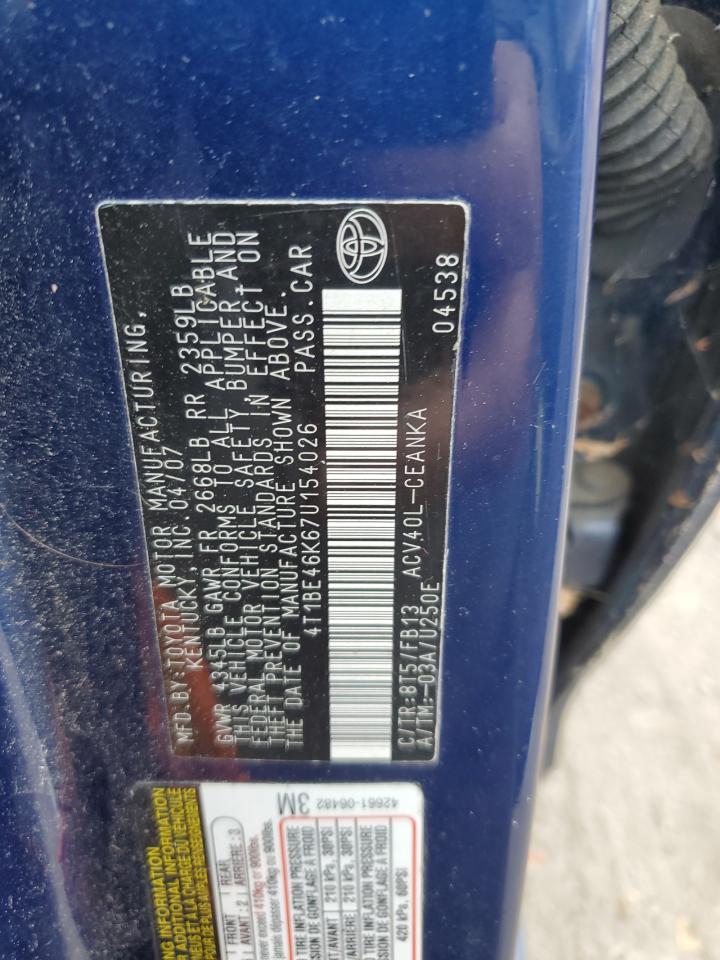 2007 Toyota Camry VIN 4T1BE46K67U154026 Copart auction photo, mechanical damage thumbnail 12