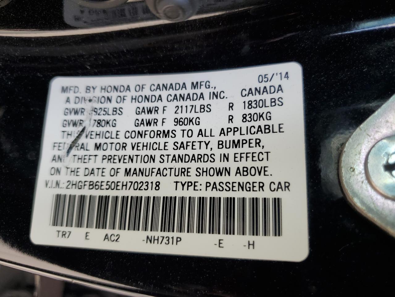 2014 Honda Civic VIN 2HGFB6E50EH702318 Copart auction photo, front end damage thumbnail 12
