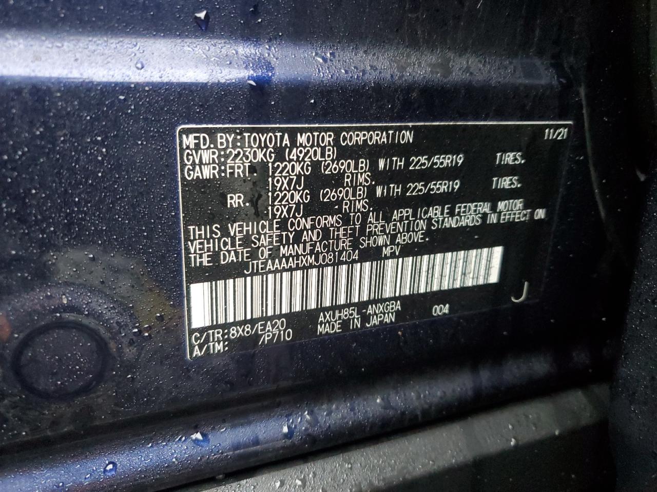 2021 Toyota Venza VIN JTEAAAAHXMJ081404 Copart auction photo, rear end damage thumbnail 14