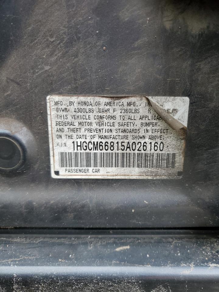 2005 Honda Accord VIN 1HGCM66815A026160 Copart auction photo, rear end damage thumbnail 12