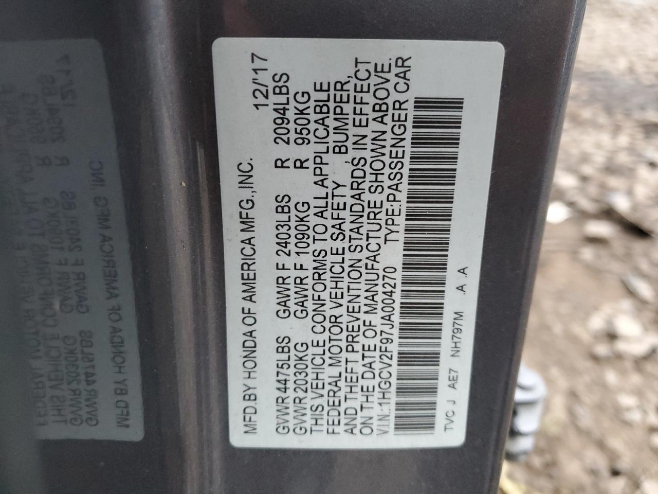 2018 Honda Accord VIN 1HGCV2F97JA004270 Copart auction photo, top/roof / stripped damage thumbnail 12