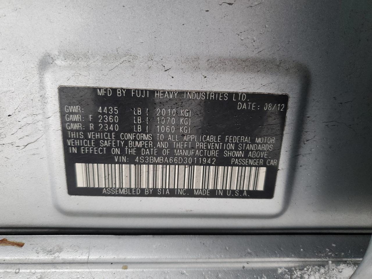 2013 Subaru Legacy VIN 4S3BMBA66D3011942 Copart auction photo, mechanical damage thumbnail 13