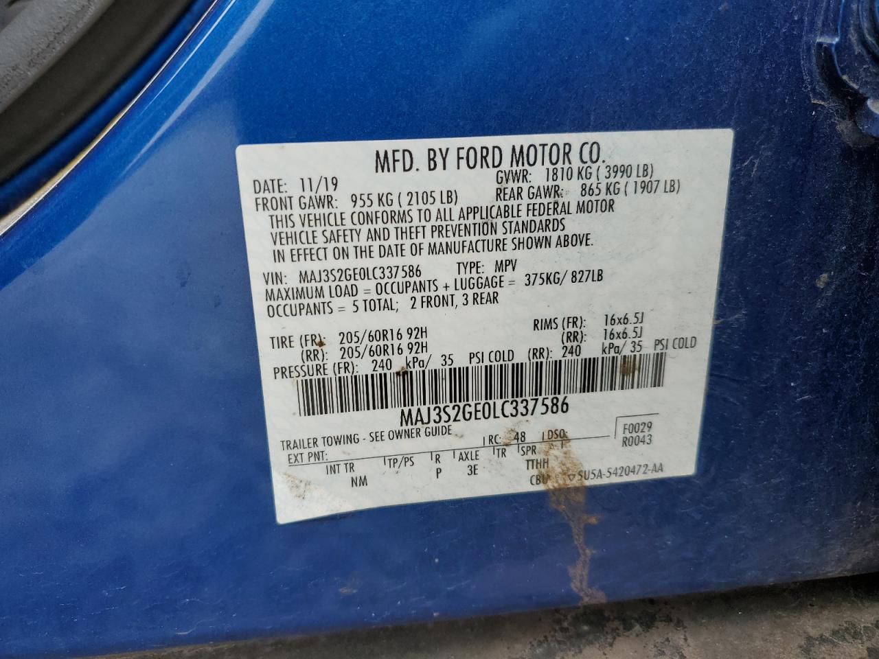 2020 Ford EcoSport VIN MAJ3S2GE0LC337586 Copart auction photo, front end damage thumbnail 14
