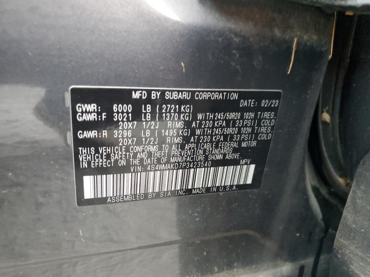 2023 Subaru Ascent VIN 4S4WMAKD7P3423540 Copart auction photo, water/flood damage thumbnail 14