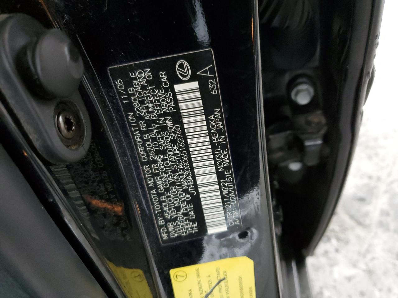 2006 Lexus ES VIN JTHBA30G065162760 Copart auction photo, front end / side damage thumbnail 12