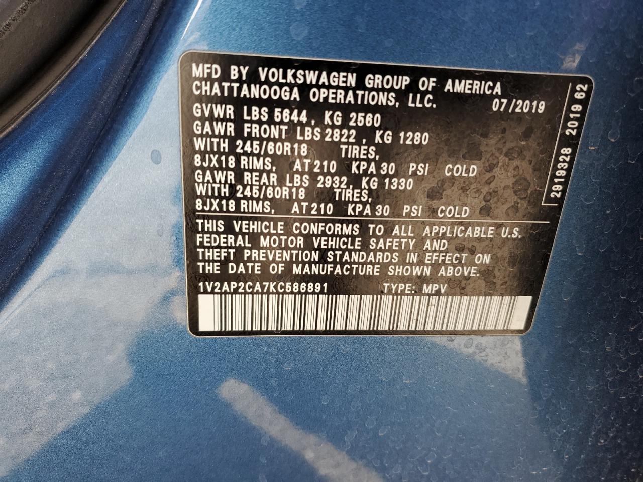 2019 Volkswagen Atlas VIN 1V2AP2CA7KC586891 Copart auction photo, side damage thumbnail 15