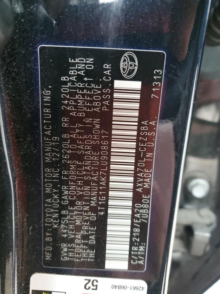 2020 Toyota Camry VIN 4T1G11AK7LU908617 Copart auction photo, front end / side damage thumbnail 12