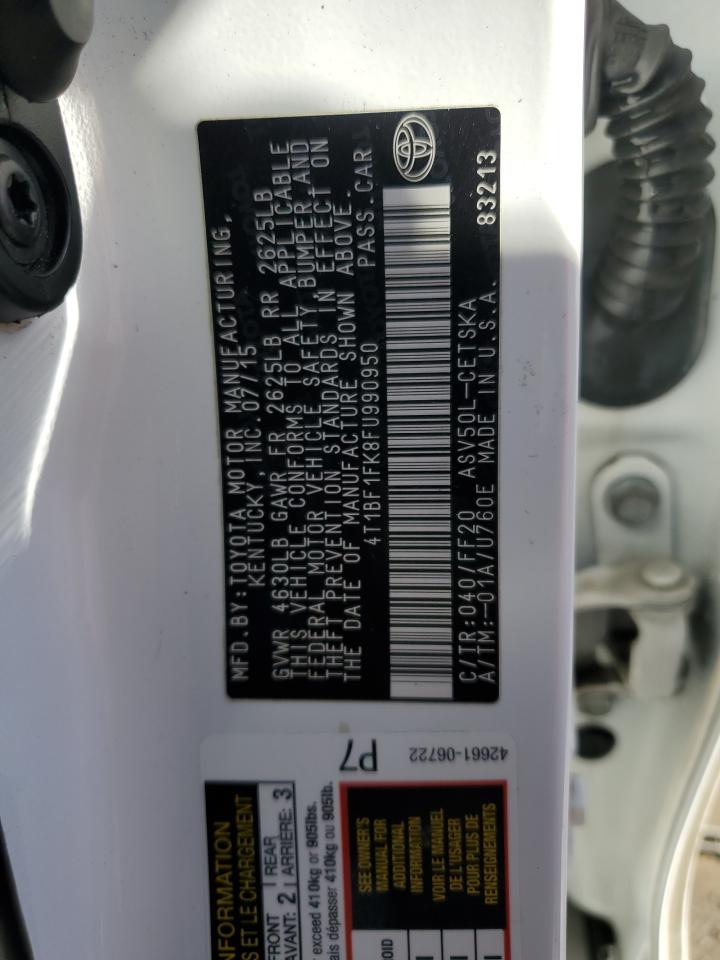 2015 Toyota Camry VIN 4T1BF1FK8FU990950 Copart auction photo, front end / side damage thumbnail 13