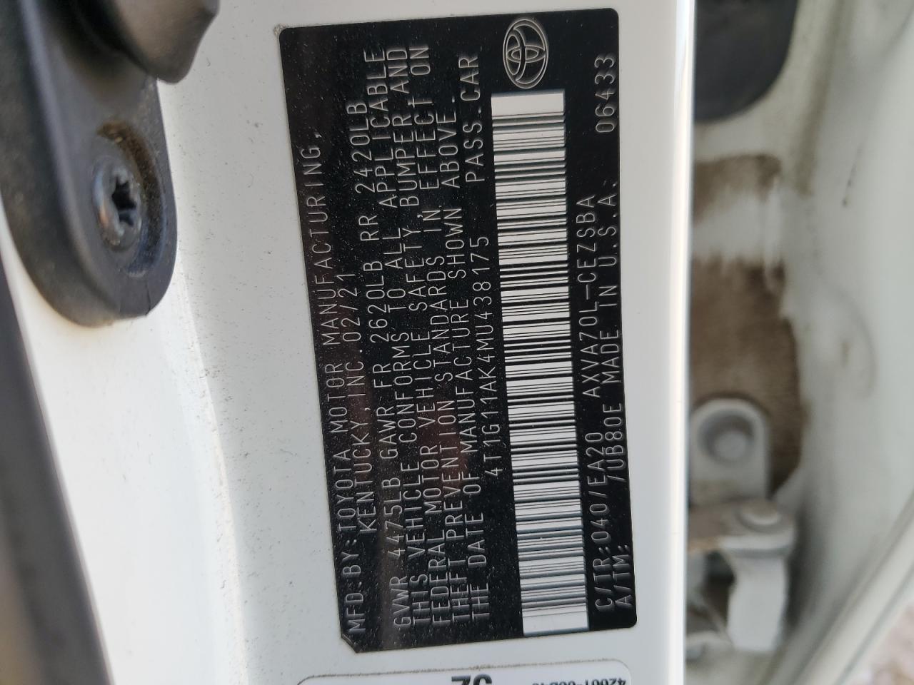 2021 Toyota Camry VIN 4T1G11AK4MU438175 Copart auction photo, front end damage thumbnail 15