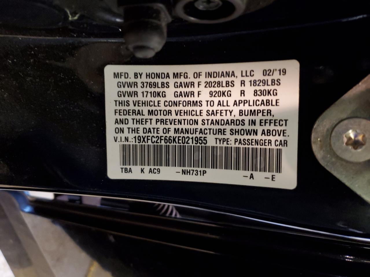 2019 Honda Civic VIN 19XFC2F66KE021955 Copart auction photo, burn - interior damage thumbnail 13